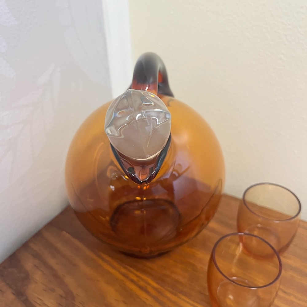 Vintage Cambridge Amber Glass Tilt Ball Cordial Decanter w/2 Glasses - Picture 2 of 13